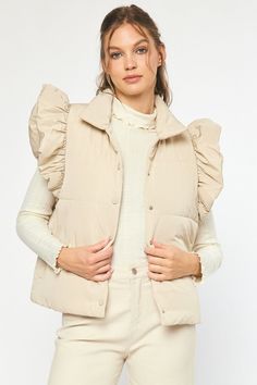 Be warm and toasty while looking oh-so chic in this adorable "Oh My Flutter Sleeve Puffer Vest" - it's an 'oh' moment in every way! With quilted ruffles, pockets, and a collared button up, this cute and stylish vest will keep you cozy and give your look a punch of sass! Fits true to size. Sweet Grace, Solid Quilt, Favorite Sweater, Ruffled Sleeves, Puffer Vest, Dress Romper, Flutter Sleeve, Oh My, Zip Up