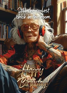 an elderly woman wearing headphones and listening to music while sitting in a chair with books