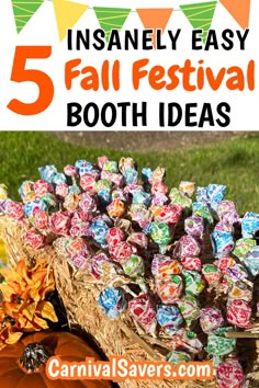 an outdoor fall festival with pumpkins and candies on the grass, text overlay reads 5 insanely easy fall festival booth ideas