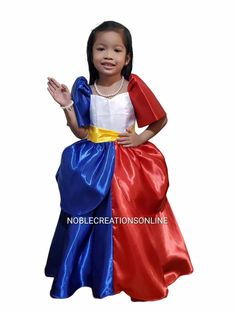 *Please refer to size chart found at end of picture gallery to avoid unnecessary returns leading to loss of time and money. Size chart are actual size of dress/Barong.  Gowns are customizable but needs extra time to make. Thank you for understanding. Kids Filipiniana Dress This Little Princess Filipiniana Gown is inspired by the colors of our flag symbolizing our identity and patriotism with an iconic butterfly sleeves that greatly showcased our Philippine culture. Perfect for school heritage da Filipiniana Ball Gown, Philippine National Costume, Filipiniana Gown, Philippine Culture, Miss Philippines, Barong Tagalog, United Nation, Class Door, Filipiniana Dress