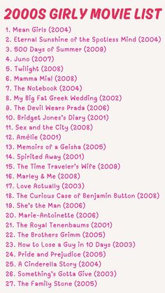 the 2009 girl movie list is shown in pink and white, with red lettering on it