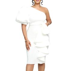 White Puff Sleeve One-shoulder Ruffled Bodycon Dress White Off-shoulder Puff Sleeve Dress With Ruffles, One Shoulder Puff Sleeve Dress For Spring Party, Elegant One-shoulder Puff Sleeve Dress For Spring, Elegant One Shoulder Puff Sleeve Dress For Spring, Fitted Off Shoulder Puff Sleeve Dress With Ruffles, Chic Off-shoulder Puff Sleeve Dress With Ruffles, Knee-length Off Shoulder Dress With Ruffles For Brunch, Knee-length Off-shoulder Ruffle Dress For Brunch, Chic One-shoulder Puff Sleeve Dress For Party