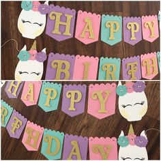 unicorn themed birthday banner and decorations on a table