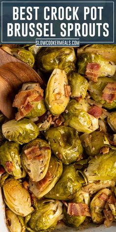 Overhead look and brussel sprouts with bacon in a slow cooker. Crock Pot Brussel Sprouts, Brussel Sprouts Slow Cooker, Vegetable Crockpot Recipes, Slow Cooker Vegetable Recipes, Crockpot Veggies, Brussel Sprouts Recipes Easy, Thanksgiving Vegetables Side Dishes, Brussel Sprouts With Bacon, Crock Pot Vegetables