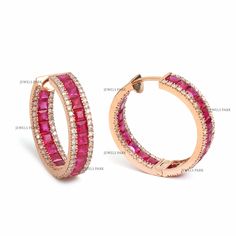 Real ruby princess cut channel set hoop earrings gold | Natural 25MM ruby diamond hoop earrings gold | Ruby hoops earrings | Valentines gift GEMSTONE DETAILS : ✦ Gemstone : Rainbow Sapphire ✦ Gemstone Type : Natural ✦ Earring Diameter : 30 MM ✦ Gemstone Shape : Princess Cut ✦ Number of gemstones : 50 ✦ Gemstone Weight : 5-6 Carats ✦ Gemstone Grade : AAA DIAMOND DETAILS : ✦ Diamond Type : Natural ✦ Diamond Size : 1.00 mm ✦ Diamond Color : F-G ✦ Diamond Clarity : Slightly included ✦ Diamond Cut : Excellent - Very Good ✦ Diamond Weight : 0.85 Carats METAL DETAILS : ✦ Metal : 14K/18K Gold ✦ Metal Color : Yellow / White / Rose Gold ✦ Setting : Prong Setting ✦ Earring Box : Yes SHIPPING DETAILS : ✦ Shipped via : USPS ✦ Ready to ship variant : 14K Yellow Gold ✦ Production time : 10-12 days ✦ Deli Red Hoop Fine Jewelry, Fine Jewelry Red Hoop Earrings, Lightweight Jewellery, Gold Diamond Hoop Earrings, Rainbow Sapphires, Light Weight Jewelry, Nature Earrings, Earring Box, Rainbow Bracelet