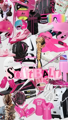 a collage of pink and white items with the words softball written in large letters