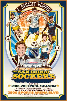 a poster for a soccer game with two men on the field and one man holding a ball