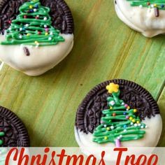 christmas tree oreo cookies on a wooden board