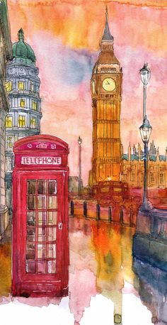 a watercolor painting of the big ben clock tower in london, england and a red phone booth