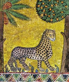 a painting of a cheetah in the middle of a forest with pine trees