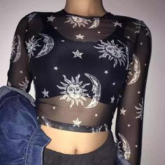 Midnight love crop top 💫 - Sour Puff Shop Sun And Moon Dress Matching, Shirt Transparent, 1990 Style, Clubwear Tops, Black Mesh Crop Top, Grunge Tumblr, Sheer Mesh Top, K Fashion