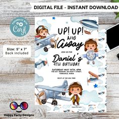 "Airplane Birthday Invitation, Up Up and Away Invite, Editable and Printable by you with Corjl, Boy Party Invitation, Instant Access EDIT NOW EDIT RIGHT IN DESKTOP BROWSER WITH CORJL ------------------------ MATCHING ITEMS ------------------------ Matching party items can be found here: https://www.etsy.com/shop/thehappytemplates?ref=profile_header&search_query=%23K229 --------------------------------------------------- INCLUDED WITH YOUR PURCHASE --------------------------------------------------- - 5X7\" Editable digital Invitation (JPG & PDF Files) - Background included - PDF with detailed instructions You CAN change: Name and party details. Change font size and color. You CAN NOT CHANGE -Graphics and background are not editable. -Invitation size is not editable. ----*FREE DEMO*---- Dem Plane Invitation, Airplane Invitation, Boy Party Invitations, Hallowen Party, Planes Birthday, Planes Party, Airplane Party, Happy Party, Profile Header