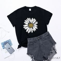 Lasaky - Comfortable Fit Blouse with Relaxed Style and Pretty Flower Pattern Black Floral Print Casual T-shirt, Black Summer Tops With Plant Print, Black T-shirt With Sunflower Print For Spring, Spring Black T-shirt With Floral Print, Black Floral Print Crew Neck Tops, Casual Black T-shirt With Plant Print, Trendy Black Floral Print T-shirt, Spring Printed Black T-shirt, Black Tops With Plant Print For Spring