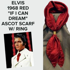 "This is an exact replica of the short ascot scarf Elvis wore for the \"If I Can Dream\" segment of his 1968 Comeback Special. I sell these scarves in a variety of colors, as Elvis had many, so be sure to check out my page. All scarves come with the gold scarf slide. Thanks!" Elvis If I Can Dream 1968, Classic Red Scarf Gift, Red Ascot, Ascot Scarf, If I Can Dream, Scarf Slide, Gold Scarf, Gold Slides, Blood Red