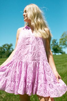 This eyelet sleeveless dress can be dressed up or down - wear it with heels to a summer wedding or dress it down with tennis shoes for a day date! Featuring a collared neckline, a partial button front and a tiered skirt. Shown with the Aloha Scalloped Dress. the prettiest pink color for summer! fully lined 100% cotton care instructions: hand wash cold true to size, flowy Grace is 5'1" wearing a small Scalloped Dress, Eyelet Dress, Dress Romper, Pink Color, Summer Wedding, Pretty In Pink, Sleeveless Dress, Rompers, Dress Up