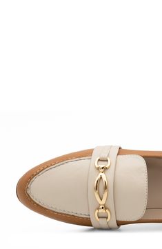 Geometric hardware and bold colorblocking enrich a sophisticated flat grounded by a well-cushioned footbed for lasting wear. Memory foam cushioning Leather upper and lining/synthetic sole Made in Italy Beige Loafers With Cushioned Footbed And Flat Heel, Cream Leather Flats With Cushioned Footbed, Elegant Beige Synthetic Loafers, Loafer Women, Amalfi, Loafers For Women, Memory Foam, Color Blocking, Leather Upper