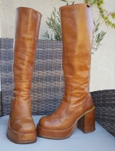 70s Brown Boots, 70s Style Boots, Brown 70s Boots, Gogo Boots Outfit, Thrift Inspiration, 70s Boots, Tan Leather Boots, Brown Knee High Boots