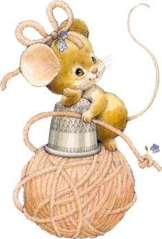 a drawing of a mouse sitting on top of a ball of yarn with a flower in it's hair