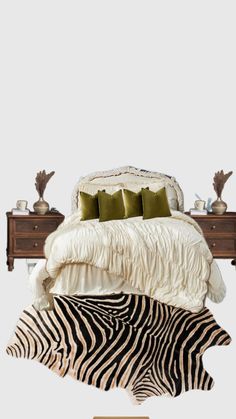 a zebra print rug is on the floor in front of a bed with two nightstands