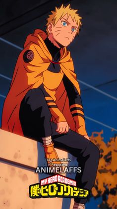 an anime character sitting on top of a wall