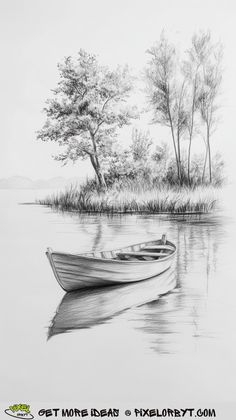 a pencil drawing of a boat on the water with trees and grass in the background