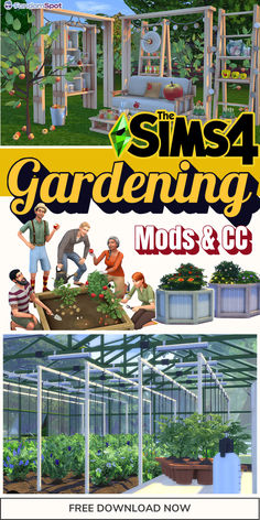 an advertisement for the sms4 gardening modus and c3d game, with people