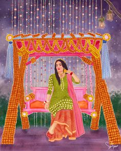 a painting of a woman sitting on a pink bench in front of a gazebo