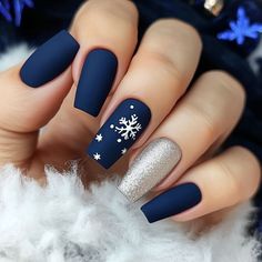 Matte Blue Christmas Nails, Navy Blue With Snowflake Nails, Cute Fun Christmas Nails, Dark Blue January Nails, January Nails Coffin Shape, Christmas Style Nails, Blue And Silver Snowflake Nails, December Blue Nails, Trendy Winter Nails 2025