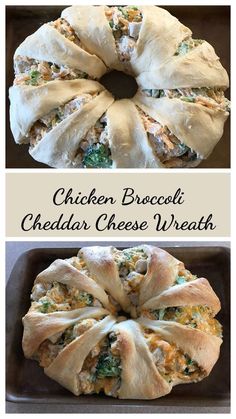 chicken broccoli cheddar cheese wreath is shown in two separate images, one with