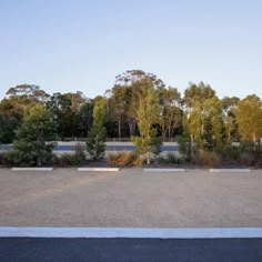 an empty parking lot surrounded by trees and bushes in the evening sun with no one on it