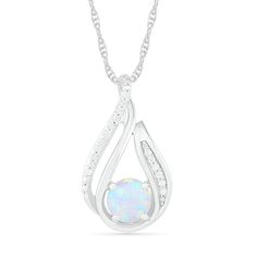 This 6.0mm lab-created opal and 1/15 ct. t.w. diamond and beaded open flame-style pendant is set in sterling silver. The design slides along an 18.0-inch rope chain that secures with a spring-ring clasp. Teardrop Gemstone Accent Necklace For Anniversary, White Round Pendant Birthstone Necklace, Sterling Silver Teardrop Necklace With Gemstone Accents, Silver Teardrop Gemstone Birthstone Necklace, White Teardrop Drop Necklace In Fine Jewelry Style, White Teardrop Drop Necklace Fine Jewelry, Silver Teardrop Pendant Birthstone Necklace, Silver Drop Necklace With Gemstone Accents, Sterling Silver Teardrop Pendant Drop Necklace With Birthstone