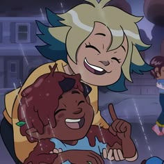 an animated image of a woman holding a child in the rain with other people around her