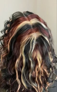 Red Blonde And Black Highlights, Red Streaked Hair Highlights, Black Blond And Red Hair Highlights, Curly Dyed Highlights, Rockstar Hair Color, Red With Blonde Highlights Curly Hair, Red Blond And Brown Hair Highlights, Red And Blonde And Black Hair Color