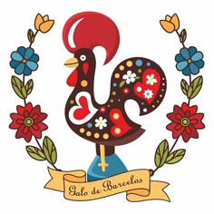 a rooster with flowers around it and a banner in the middle that says gulo de breslas