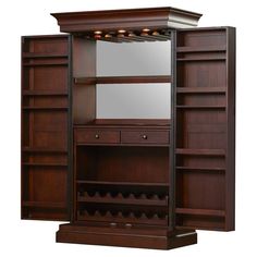 a large wooden cabinet with wine rack and mirror on it's side, in front of a white background