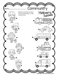 the worksheet for community helpers is shown in black and white with an image of