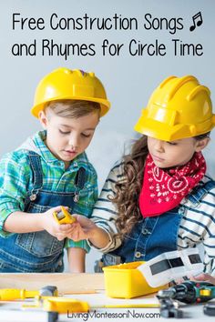 two young children wearing construction hats and playing with legos in the background text overlay reads free construction songs and rhymes for circle time