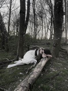 a woman laying on top of a fallen log in the middle of a forest filled with trees