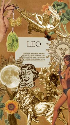 the cover of leo, with images of women and animals in gold foil on brown paper