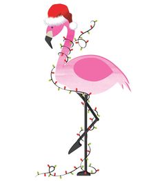 a pink flamingo with a santa hat on its head is standing in front of christmas lights