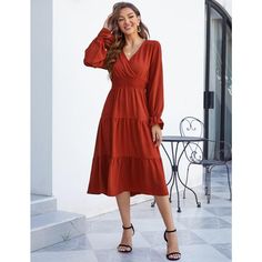 Design Feature: The 2024 smocked waist maxi dress makes you look more noticeable. The graceful casual flowy ruffle dress for women design with pull on closure, wrap v-neck, smocking elastic high waist, long lantern sleeves, tiered swing dress, a line pleated flowy hem. A-line and high waist design is easy to show your sexy curve, and the flare tiered swing skirt making you comfortable all the day, can perfectly express your personality and chic. Also can be wear as a maternity dress. Fall Ruched Maxi Dress For Brunch, Casual Brown Ruched Midi Dress, Brown Solid Color Maxi Dress, Flowy Solid Color Maxi Dress For Fall, Solid Color Maxi Dress For Fall Brunch, Solid Maxi Dress For Fall Brunch, Casual Ruched Midi Dress For Fall, Solid Color Ruched Midi Dress For Fall, Casual Brown Midi Dress With Smocked Bodice