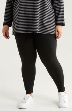 Move easily in these shapely high-waist leggings designed with comfy stretch and cool, ankle-grazing cuffs. 29" inseam; 11" leg opening; 14" front rise; 18" back rise (size 3X) 67% Tencel® lyocell, 28% organic cotton, 5% elastane Tencel lyocell is a sustainably produced fiber made with closed-loop processing Dry clean or machine wash, line dry Made in the USA of imported fabric This brand has B Corp certification, representing business practices with emphasis on social and environmental performa Black 4-way Stretch Leggings For Loungewear, Black Comfort Stretch Leggings, Black Ankle-length Elastane Leggings, Black Tapered Leg Leggings For Fall, Black Tapered Leg Fall Leggings, Black Tapered Leggings For Fall, Ankle-length Elastane Leggings For Loungewear, Ankle Leggings, Leggings Design