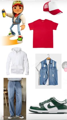 an assortment of clothing and shoes for kids to wear on skateboards, including a baseball cap