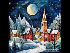 a painting of a snowy night with houses and trees