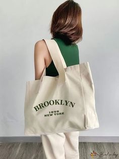 BirdinBag - Versatile Womens Canvas Tote with Letter Graphic Detail - Large Capacity Handbag Canvas Bag Design, Sacs Tote Bags, Big Tote Bags, Gym Tote, Stylish Letters, Student Bag, Eco Bag, Canvas Shopping Bag, 가을 패션