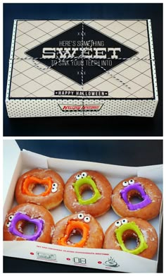 there are six donuts in the box and one is decorated like monsters with googly eyes