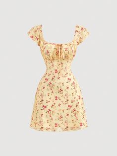 Women's Vintage Floral Print Knotted Chest Ruched Round Neckline Sleeveless Dress For Summer Yellow Boho  Cap Sleeve Knitted Fabric Floral,Plants,Ditsy Floral,All Over Print A Line Medium Stretch  Women Clothing, size features are:Bust: ,Length: ,Sleeve Length: Yellow Clothes Aesthetic, Floral Dress Summer Short, Short Sun Dresses, Floral Dress Short, Yellow Vintage Dress, Yellow Summer Dress, Tropical Dresses, Yellow Outfits, Short Sundress