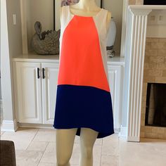 Skies Are Blue Brand Color Block Dress In Brand New Condition. Never Been Worn. Size Small. Colors Are Neon Orange, White, And Royal Blue. Length Is Approx. 30” In The Front And 35” In The Back. Made Of 100% Polyester Color Block Dress, Block Dress, Colorblock Dress, Neon Orange, Brand Colors, Orange White, Blue Dresses, Color Block, Royal Blue