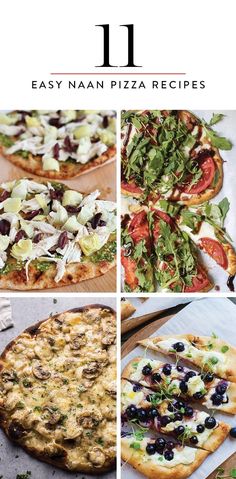 the cover of 11 easy naan pizza recipes, with pictures of different pizzas