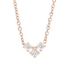 A 16" chain necklace with three white diamonds in the shape of an arrow at the base set in rose gold. Rose Gold Diamond Necklace With Cable Chain, Dainty Rose Gold Diamond Necklace With Rose Cut, Dainty Rose Gold Diamond Necklace With Accents, Champagne Diamond, Drop Necklace, Model Pictures, Delicate Necklace, White Diamonds, Yellow Rose